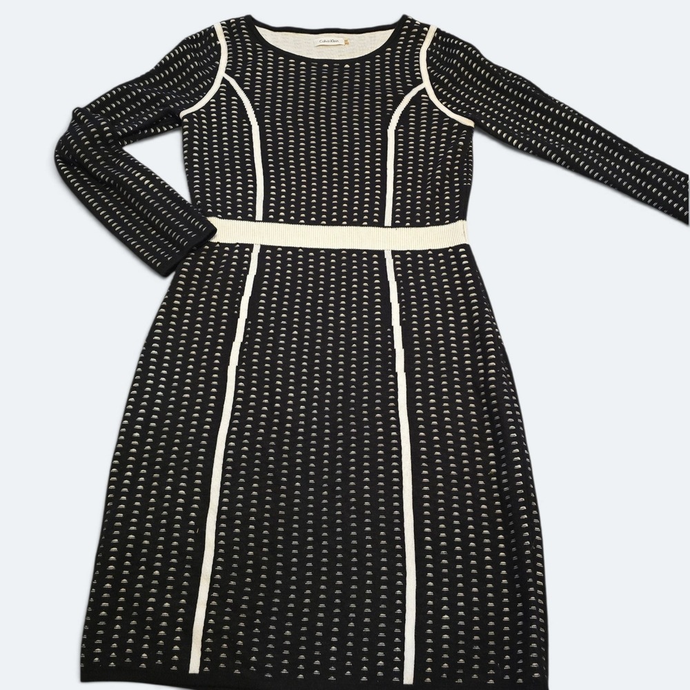 Calvin Klein Womens Medium Black Cream Long Sleeve Knit Sweater Dress